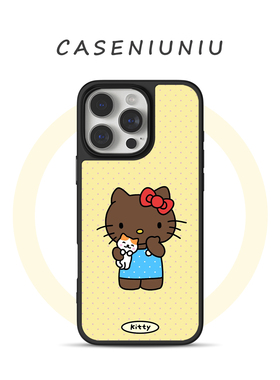 黄色波点黑皮Kitty猫适用苹果华为小米手机壳磨砂磁吸iPhone17promax新款16卡通15可爱14ins高级13超火手机壳