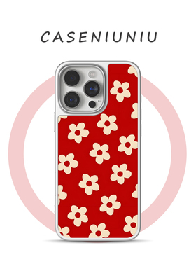 ins风红色花花 适用苹果华为小米电镀银手机壳磨砂磁吸iPhone17promax新款16文艺小清新15简约1413手机壳防摔