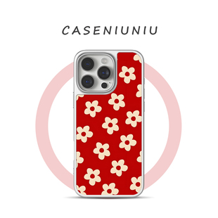 适用苹果华为小米电镀银手机壳磨砂磁吸iPhone16promax新款 ins风红色花花 15文艺小清新14简约1312手机壳防摔