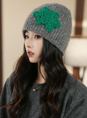 韩系ins针织花朵包头帽子女款2025新款秋冬百搭冷帽大头围套头帽