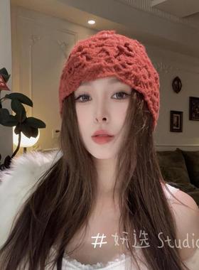 女帽子网红针织冬季包头帽钩针帽子秋冬针织帽民族风花朵毛线帽潮