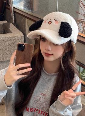 韩版时尚百搭可爱卡通小狗毛绒帽子女秋冬保暖护耳显脸小鸭舌帽潮