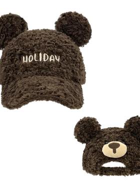 冬季保暖可爱耳朵羊羔毛棒球帽大头围显脸小时尚韩版网红鸭舌帽子