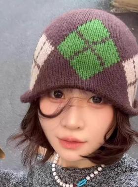 2025新款韩系ins风菱形格子针织帽秋冬季新款保暖防寒显脸小冷帽