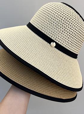 2025新款遮阳草帽女士夏季空顶帽海边沙滩度假显脸小大檐防晒帽子