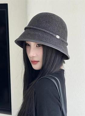 韩系简约百搭纯色蝴蝶结盆帽女生秋冬季优雅高级感毛绒渔夫帽子潮