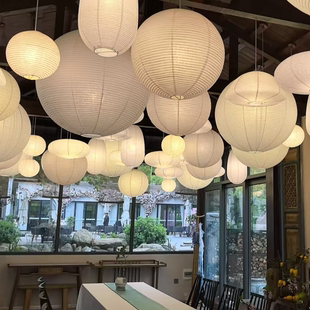 侘寂风圆球装饰吊灯纸吊灯罩北欧日式纸灯笼古风书房卧室餐厅酒店