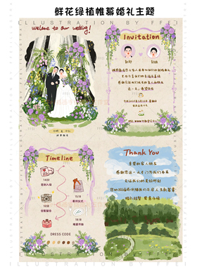 手绘请柬婚礼结婚定制设计喜帖插画卡通小红书婚纱照情侣