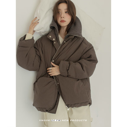 VNOOK 假两件拼接针织立领羽绒服女短款2024新款冬季外套宽松加厚