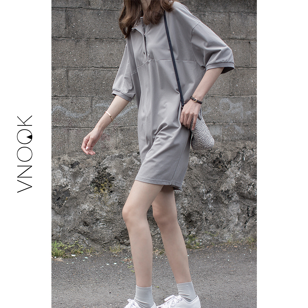 VNOOK/2018Ïļ¾Ð¿î ã¼ÀÁÐÝÏÐ ´¿É«¿íËÉÀªÐÎPOLOÁìÁ¬ÒÂȹ Å®ÈýÉ«