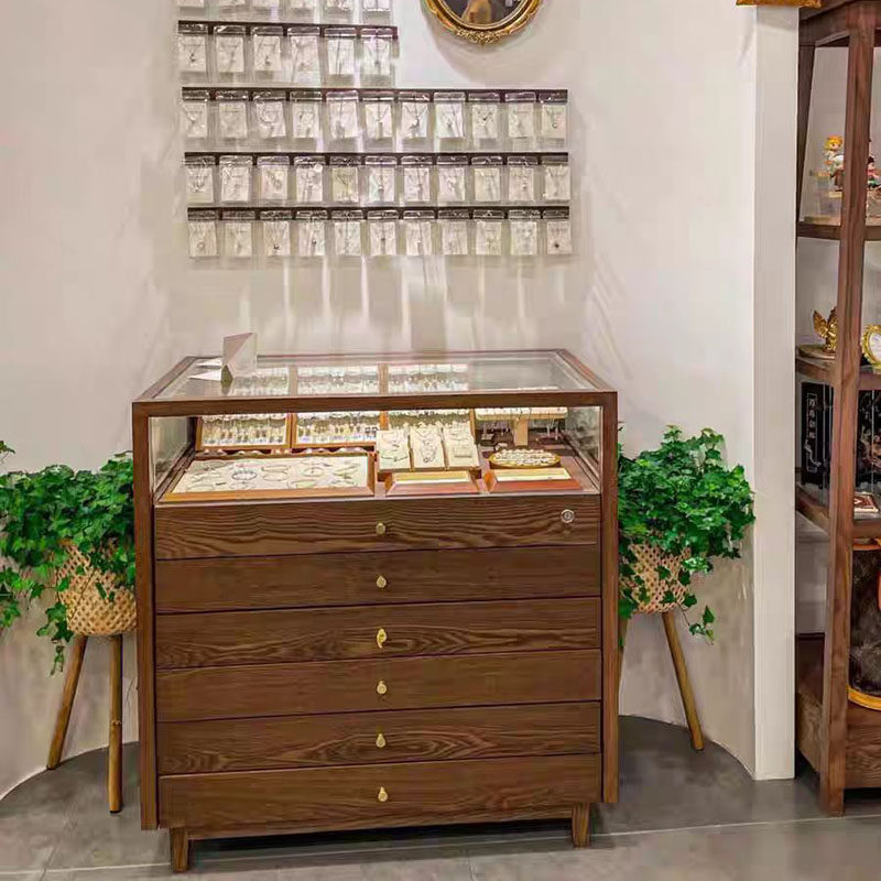 实木珠宝展示柜台服装店中岛柜复古首饰柜胡桃色中岛玻璃饰品展柜