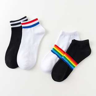 短袜低帮纯棉短筒黑白色条纹运动袜潮流百搭 彩虹袜子男士 夏季 薄款