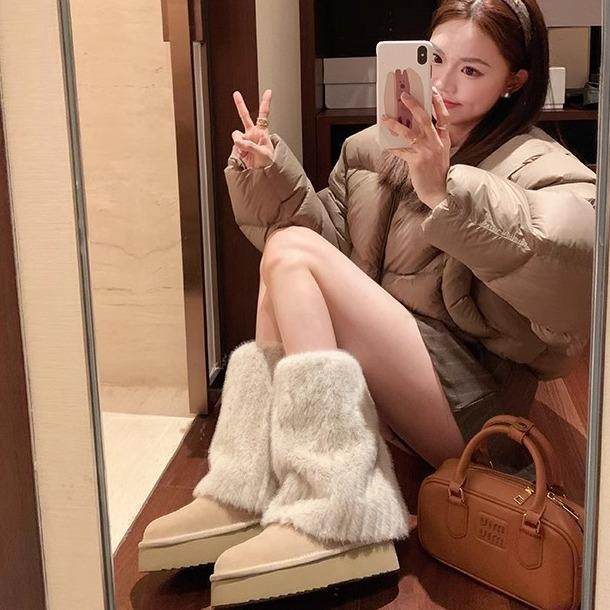 葡萄妈冬季新款圆头毛毛保暖加绒加厚底雪地靴女堆堆袜靴女