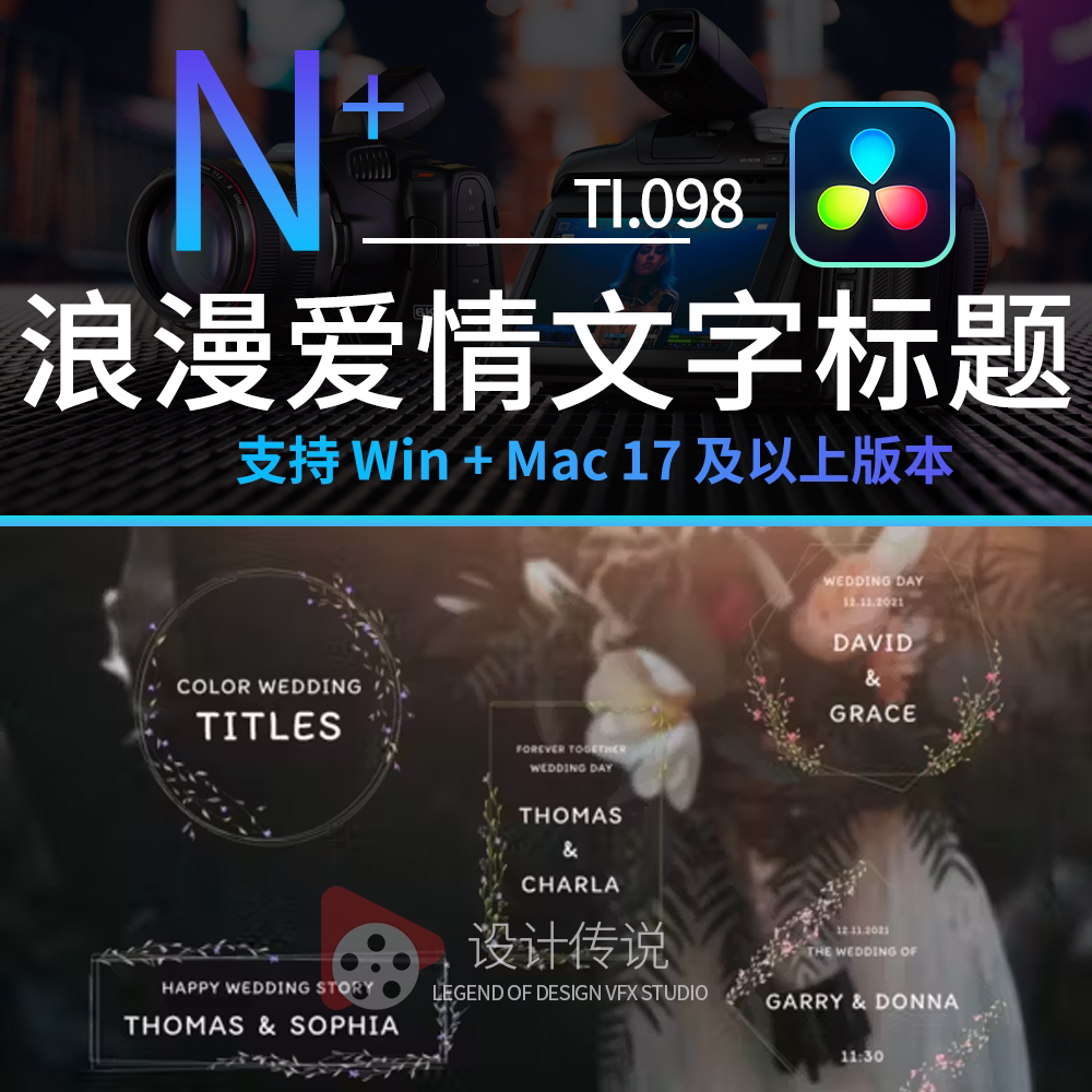 达芬奇预设模板 花徽章浪漫爱情文字标题复古排版婚礼视频字幕