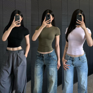 女紧身基础款 欧美风沙漏腰短袖 纯色T恤卡戴珊运动上衣 收腰