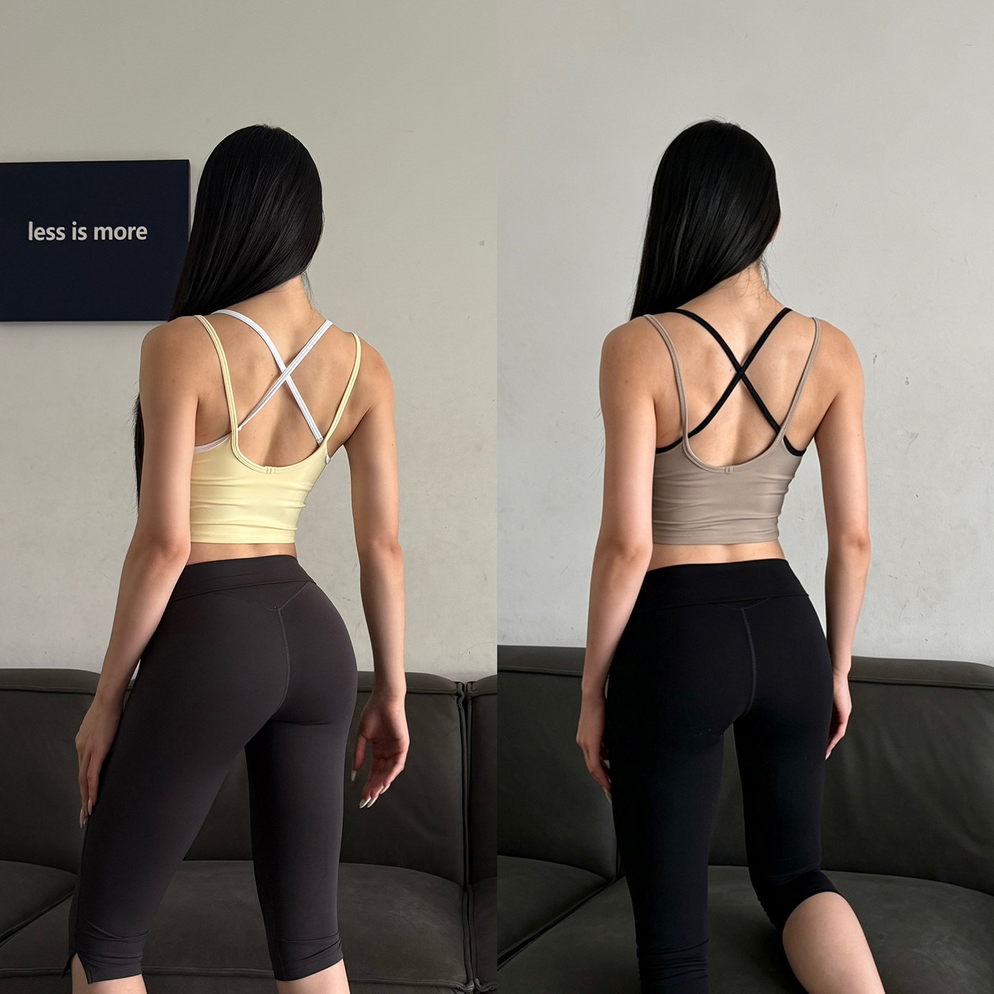 小胸天菜-交叉美背瑜伽背心短款健身服带胸垫双肩带速干运动内衣
