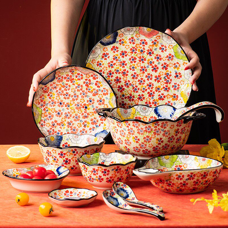 手绘手柄碗陶瓷餐具碗家用2025新款复古汤碗泡面碗大碗沙拉碗烤盘