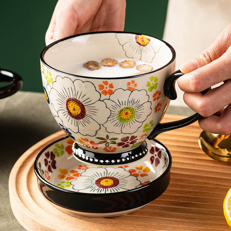 波兰精致早餐杯好看咖啡杯水杯情侣陶瓷彩杯子带盖的马克杯杯家用