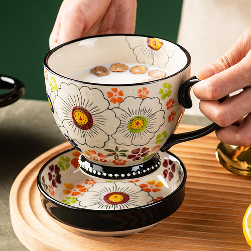波兰精致早餐杯好看咖啡杯水杯情侣陶瓷彩杯子带盖的马克杯杯家用