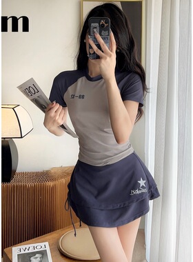 保守运动风分体三件套泳衣女学生游泳课速干温泉泳装遮肉显瘦小胸