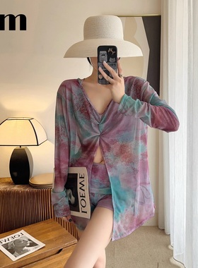 扎染微胖女孩宽松罩衫泳衣女分体三件套长袖防晒速干温泉保守泳装