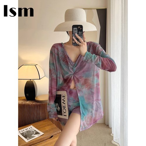 扎染微胖女孩宽松罩衫泳衣女分体