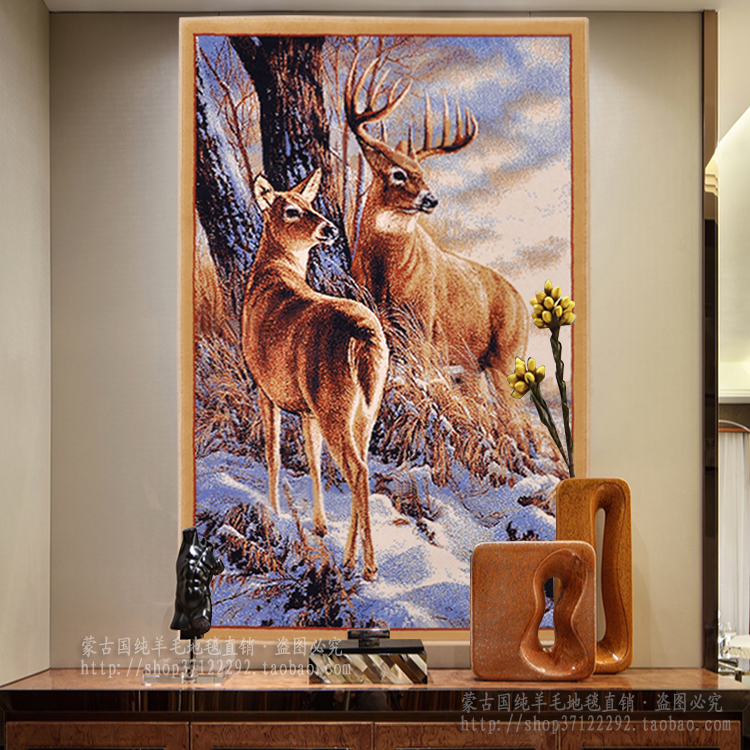 蒙古纯羊毛客厅卧室书房欧式北欧风景鹿长方形装饰画挂毯壁毯墙毯图片