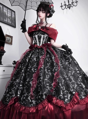 出租罗曼尼花园晚礼服黑红色Lolita公主裙红皇后成人礼主持年会