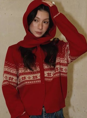 umma26春款本命年红色围巾分为款韩版澳毛费尔岛毛衣针织开衫女