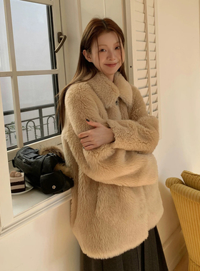 中长款翻领麂皮韩版环保皮草全羊毛小个子加厚皮毛一体毛毛外套女