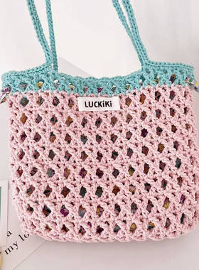六织织Luckiki拼色镂空手织包包钩针编织材料包钩织diy空心棉线