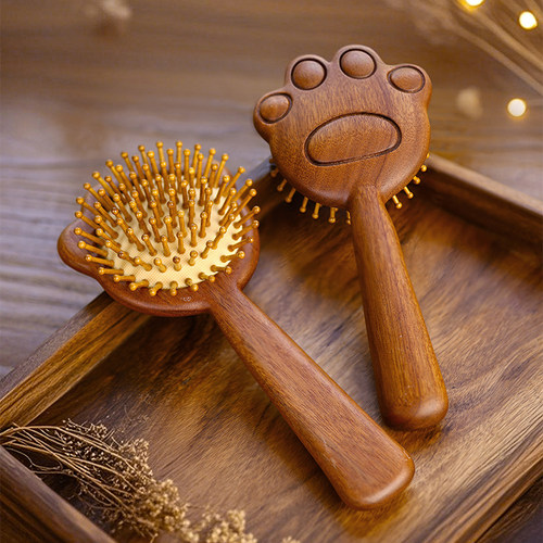 红檀香木气垫梳小猫爪卡通