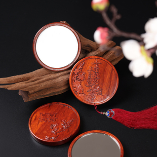 缎光紫檀实木化妆镜女随身携带精致雕花镜子中国风小圆镜古风结婚