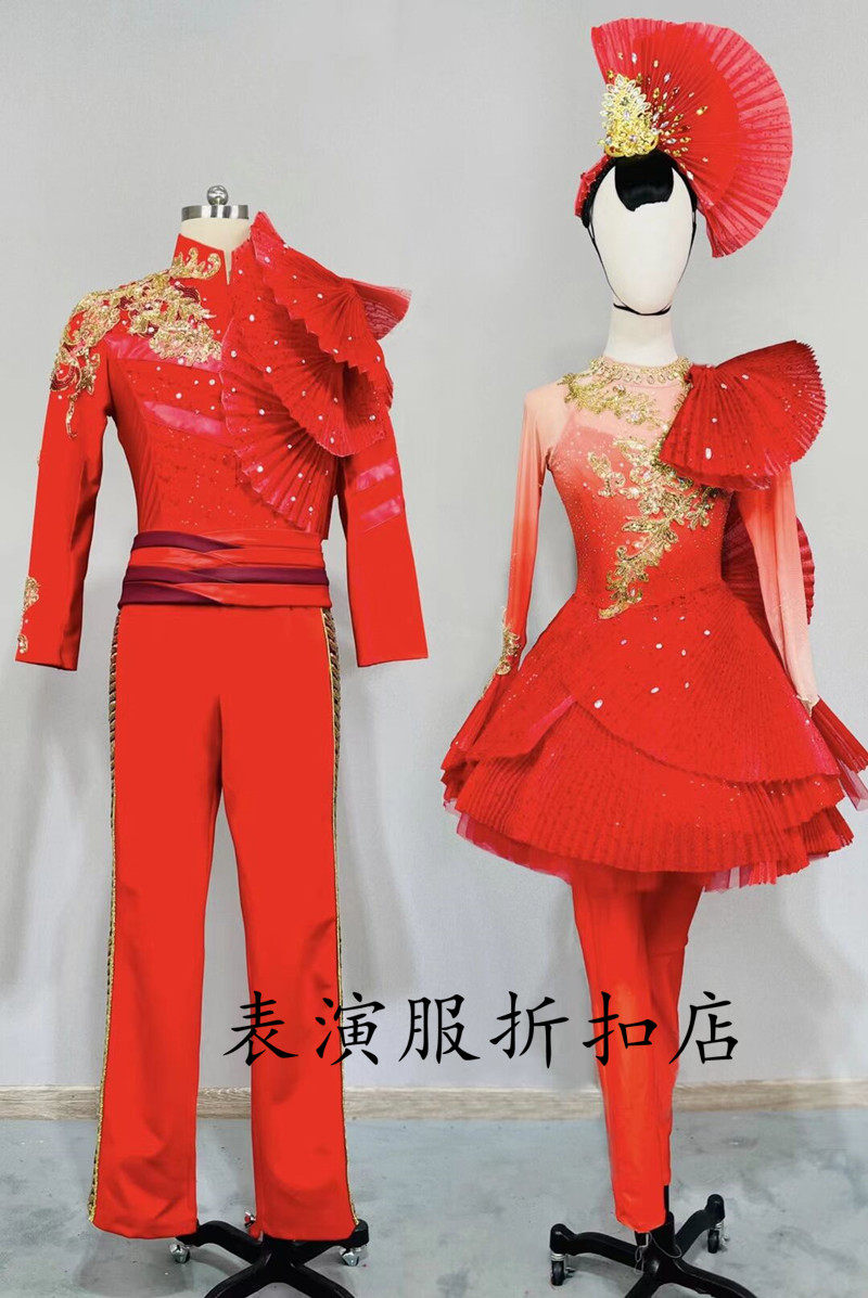 伴舞舞台央视春晚红色古典长袖