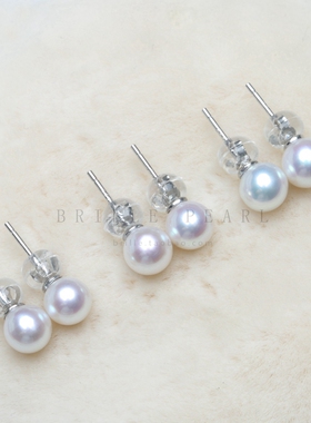 天然淡水AKOYA珍珠耳钉樱花粉小灯泡小钢珠耳钉镜面光珍珠耳钉EBA