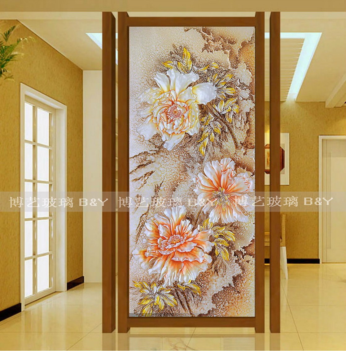 手工雕刻艺术玻璃上海玄关隔断