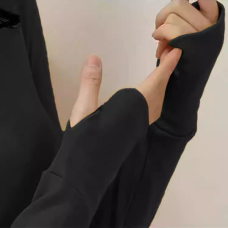 学生德绒双层手套打底衫女秋冬手指洞上衣加厚带绒手套t恤保暖衣