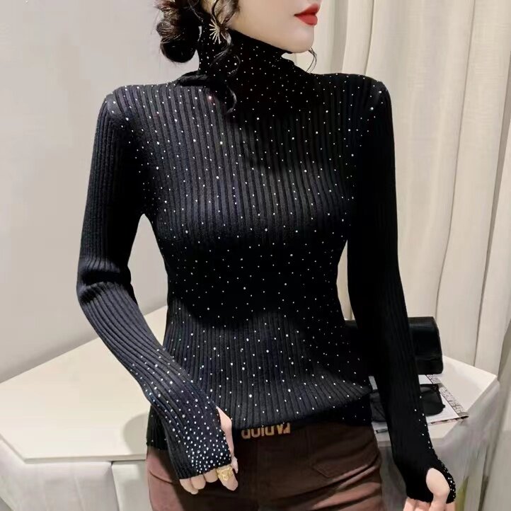 带钻毛衣女冬勾手指针织衫姆指洞上衣护手套袖露指打底衫手套毛衫