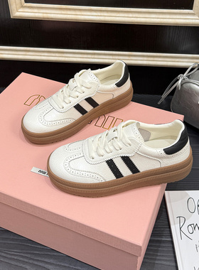 歌诗茵真皮德训鞋女2026新款春季运动休闲板鞋百搭拼色厚底小白鞋