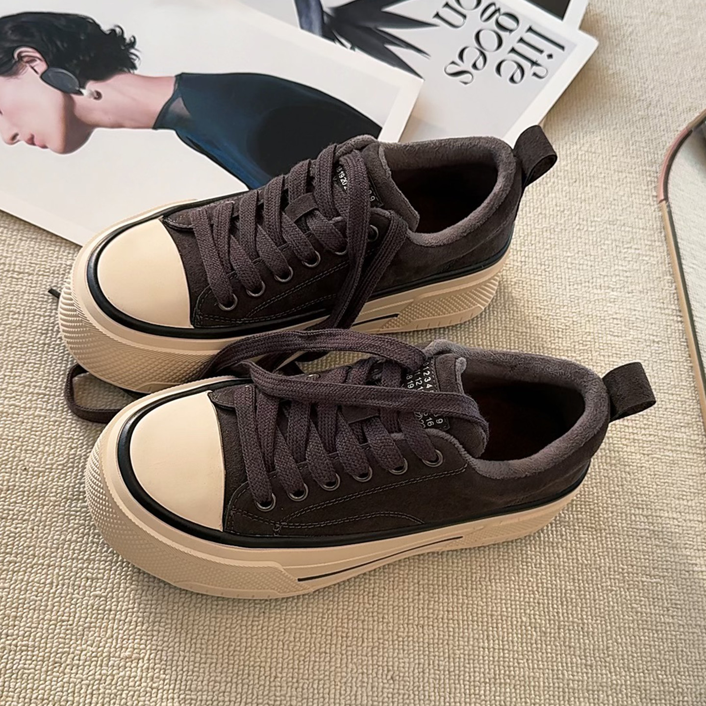 歌诗茵豹纹松糕厚底板鞋女2025秋冬新款加绒显瘦增高板鞋真皮棉鞋