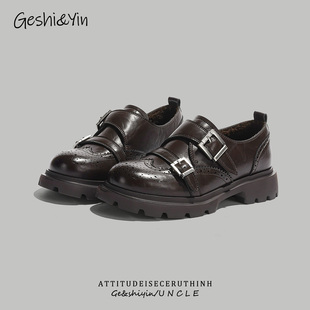 歌诗茵真皮小皮鞋女英伦风2026冬新款加绒单鞋百搭厚底雕花乐福鞋