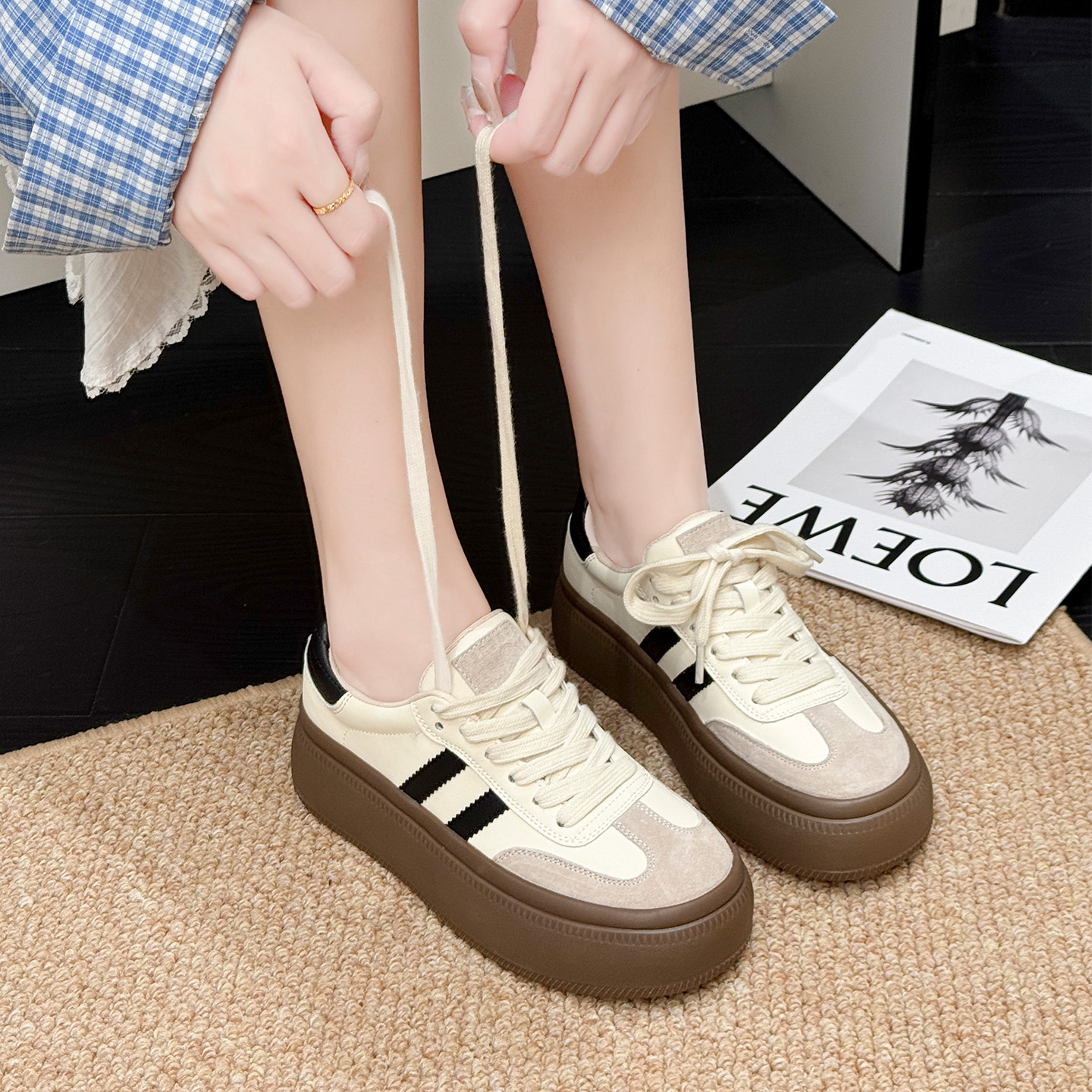 歌诗茵厚底德训鞋女2025新款秋季百搭增高休闲运动板鞋学生小白鞋