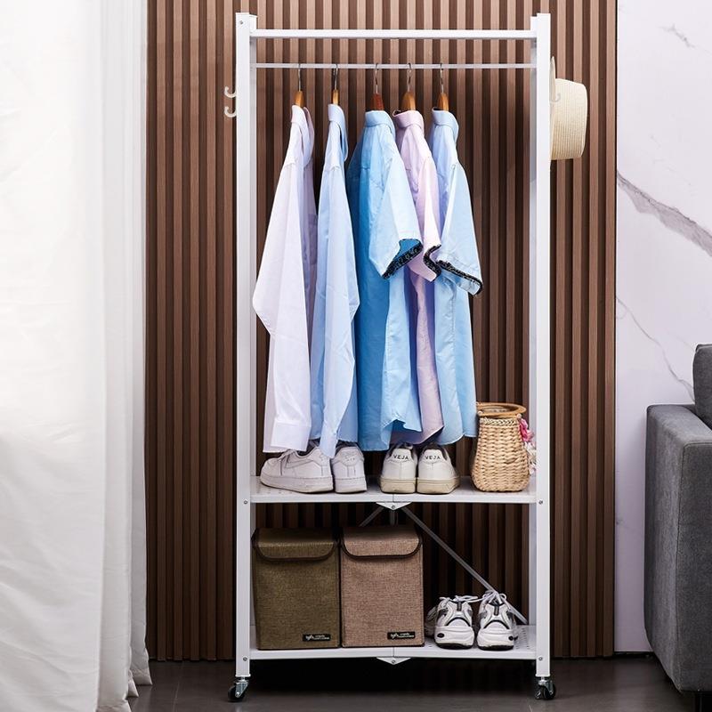 家用更衣室衣帽架落地式碳钢带滚轮可折叠晾衣架挂衣架两层单杆