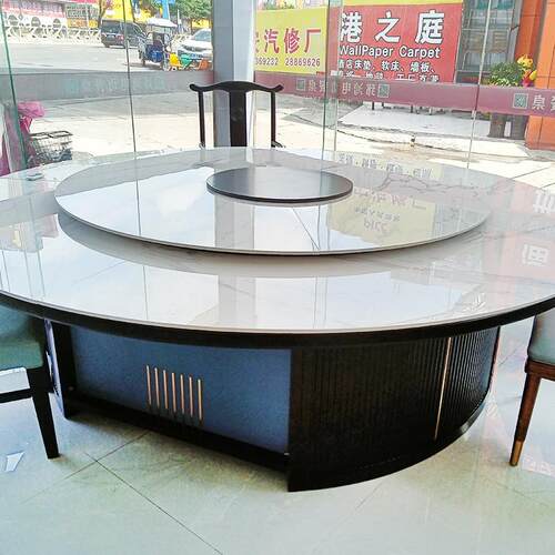 新中式岩板餐桌 包厢大圆桌带转盘 酒店会所电动餐桌椅组合