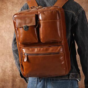 时尚双肩背包男款多功能斜挎包男包真皮复古男士背包双肩包高级感