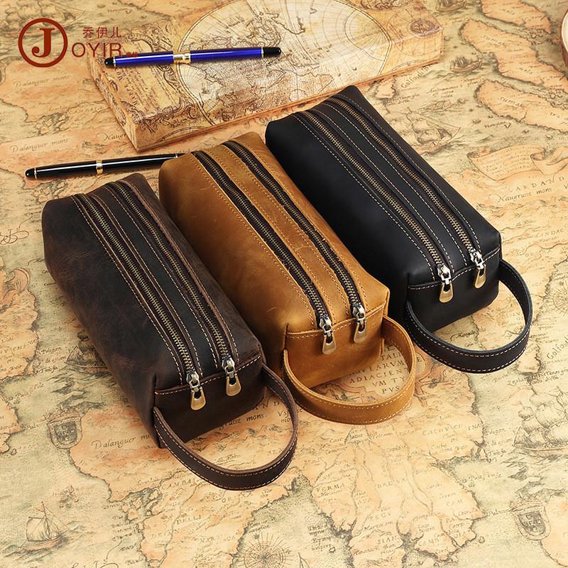 疯马皮手提包手拿包多功能真皮双拉链笔袋收纳包创意皮具礼品