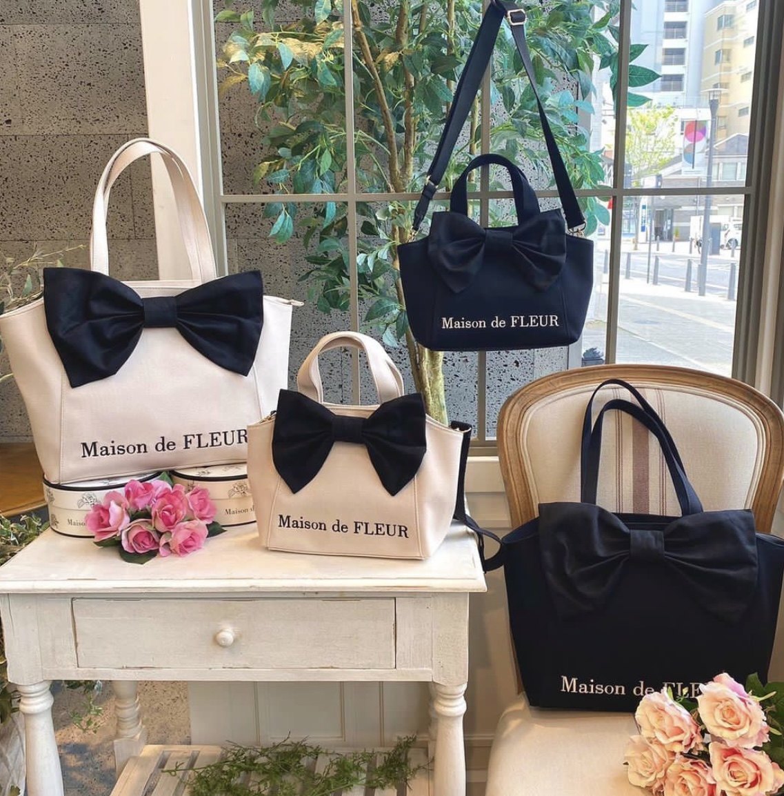 玫瑰日代 现货maison de fleur 蝴蝶结刺绣帆布斜挎单肩包手提包