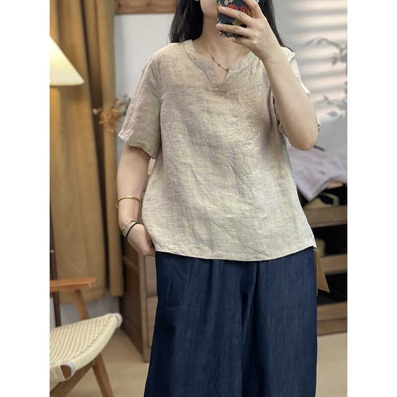 文艺复古简约圆领汉麻衬衫女上衣2024夏季新款宽松套头小衫-078
