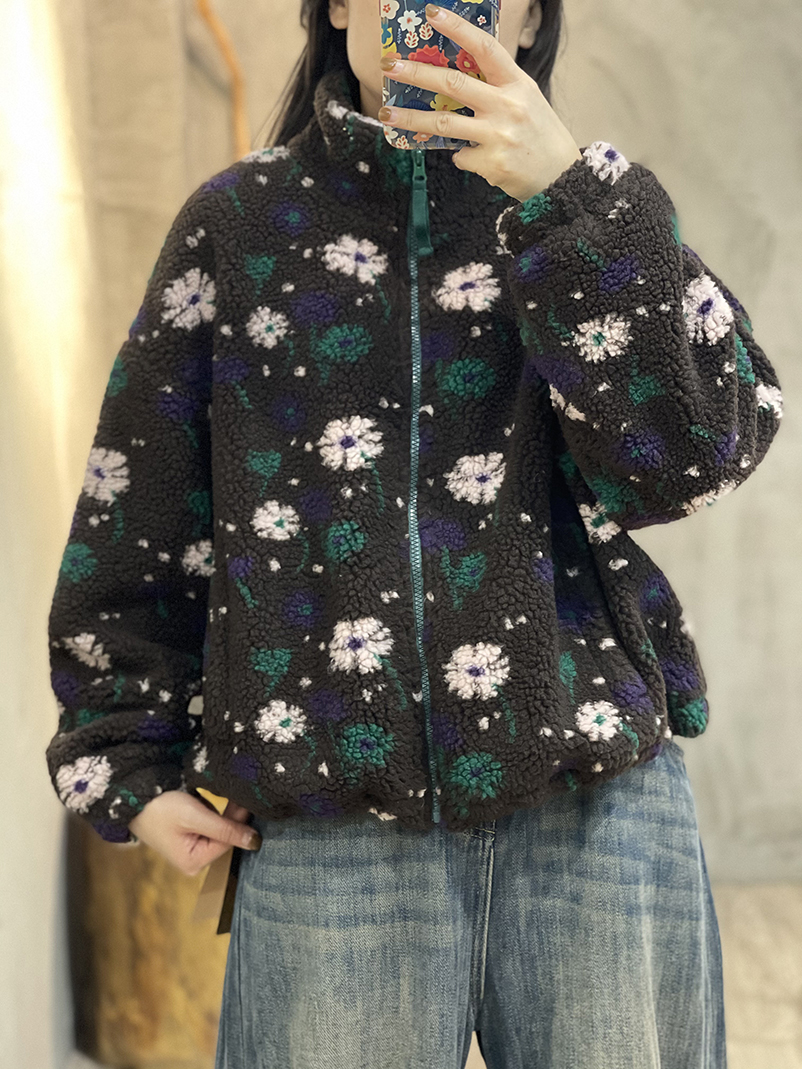 复古咖色颗粒羊羔毛外套女冬季新款加厚时尚立领宽松百搭花朵开衫