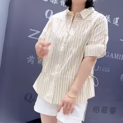 6073一生水夏季新款韩版宽松显瘦胖MM大码女常规款七分袖条纹衬衫